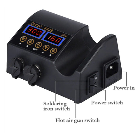 Control panel of 2 In 1 750W Hot Air Soldering System with LCD display showing settings and switches