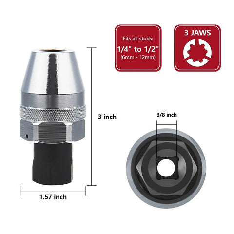 Damaged Bolt And Stud Extractor Tool For Removing One Quarter Inch To One Half Inch Studs With Grips And Adjustable Three Jaw Design
