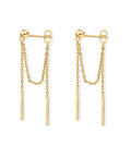 Ball Drop Earrings In Sterling Silver Posts With Yellow Gold Tone Chains, 19.5mm Dangle, 23mm Back Chain And 20mm Front Chain, Everyday Dope Chic Jewelry For Casual Wear Or Dressy Nights, pair front view