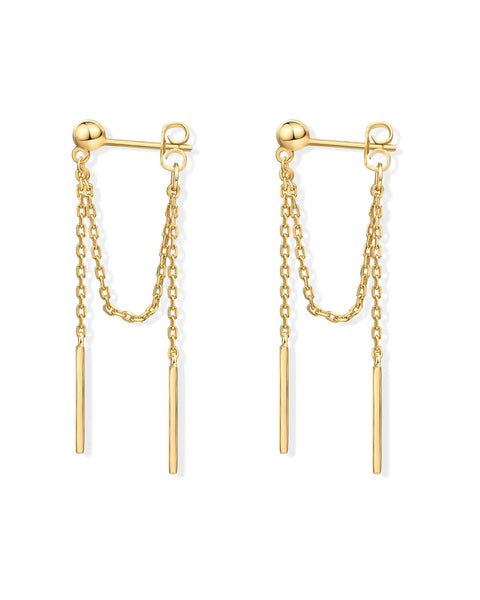 Ball Drop Earrings In Sterling Silver Posts With Yellow Gold Tone Chains, 19.5mm Dangle, 23mm Back Chain And 20mm Front Chain, Everyday Dope Chic Jewelry For Casual Wear Or Dressy Nights, pair front view