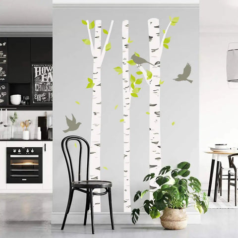 Big Birch Tree Wall Sticker With Birds For Cozy Bedroom Living Room Dining Room 205 Cm Tall Removable Waterproof Peel And Stick Home Decor Wall Art For Any Room displayed on a wall with a chair and plants