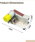 Badass Mini Bench Belt Sander And Grinder Combo Kit Featuring Mirror Polish Wheels and Grinding Discs Together With Ten Heavy Duty Sanding Belts For Quick Knife Sharpening And Wood Projects, showing dimensions 6.89in x 4.33in x 1.57in.