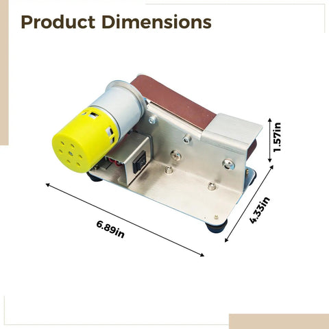 Badass Mini Bench Belt Sander And Grinder Combo Kit Featuring Mirror Polish Wheels and Grinding Discs Together With Ten Heavy Duty Sanding Belts For Quick Knife Sharpening And Wood Projects, showing dimensions 6.89in x 4.33in x 1.57in.