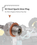 Close-up of N3 steel spark glow plug for nitro engines with a background of RC car, 4 Pack Hot Glow Plug N3 For Nitro RC Engines