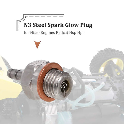 Close-up of N3 steel spark glow plug for nitro engines with a background of RC car, 4 Pack Hot Glow Plug N3 For Nitro RC Engines