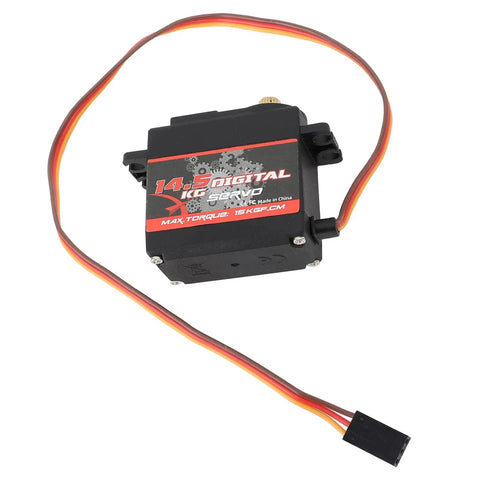 Heavy Duty Full Metal Gear RC Servo Motor Delivering Hella Badass Torque For Rugged Crawlers And Custom Robots Rock Solid Pro Level Drive System 14.5 KG Load Capacity with wiring detail.