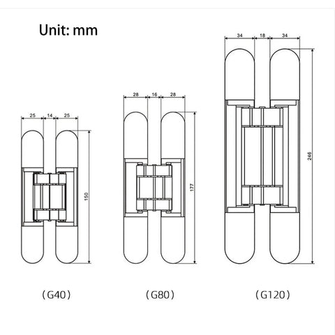 Technical drawing of Beefy Hidden Door Hinges With Silent Hydraulic Buffer For 80Kg Load Bearing Concealed Cross Style Hinges