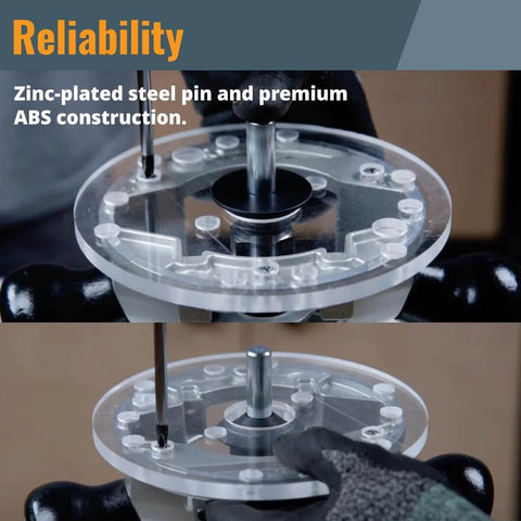 PowerTEC router centering pin and cone set for Bosch router bases; 1/2" & 1/4" ends; clear plastic alignment plate.