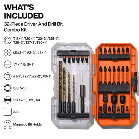 32 Piece Drill And Driver Bit Set With Titanium Coated Drill Bits And Impact Rated Driver Bits Quick Connect Shanks