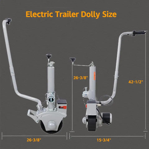 Heavy Duty Electric Trailer Dolly With 5000 Lbs Tow Capacity, Powerful 350W Motor Jockey Wheel size dimensions showing 26-3/8 inches and 42-1/2 inches.