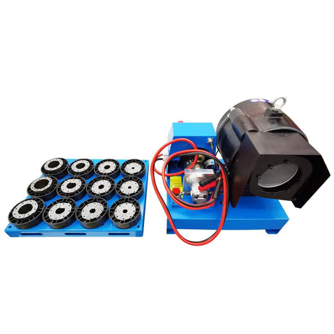 Professional Electric Hydraulic Hose Crimper And Swaging Tool For Quick 1/4 To 2 Inch Fittings featuring multiple alloy dies and compact design.