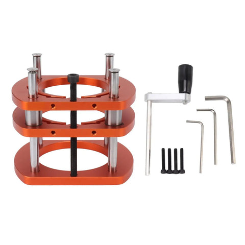 Heavy Duty Pro Grade Router Lift Base Aluminum Alloy Kit With Four Jaw Clamping Router Table Insert Plate Lifting System For Woodworking Engraving And DIY Projects On Small Trimming Machines, orange aluminum lift base with handle and hex keys