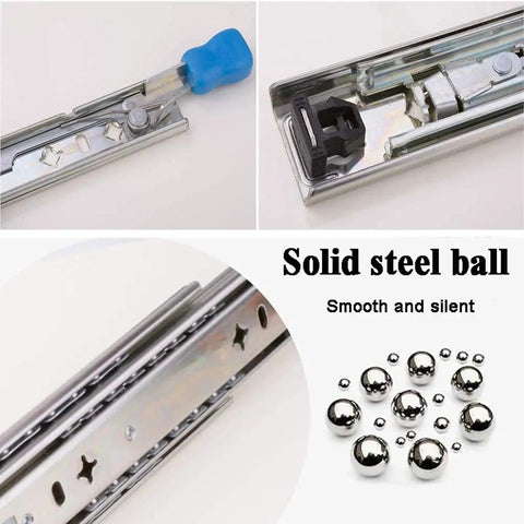 Heavy Duty Ball Bearing Drawer Slides Pair Full Extension Side Mount Cabinet Rails showing steel ball bearings and slide mechanism.