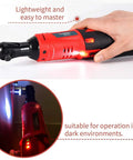 Hand using 12V Electric Ratchet Wrench Set 3 By 8 Inch Drive, LED light on, suitable for dark environments