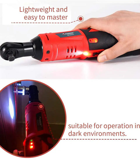 Hand using 12V Electric Ratchet Wrench Set 3 By 8 Inch Drive, LED light on, suitable for dark environments