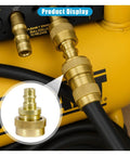 Brass connector from R1234YF To R134A Quick Coupler Kit For Car AC Charging, DIY Friendly, shown attached to a yellow device.