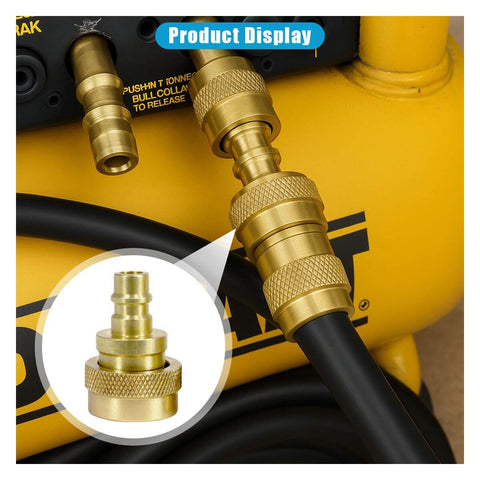 Brass connector from R1234YF To R134A Quick Coupler Kit For Car AC Charging, DIY Friendly, shown attached to a yellow device.