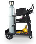 Beefy 3 Tier Welding Cart With 360 Degree Swivel Wheels, tank storage, safety chains, Q235 steel, holds gas cylinder, side view