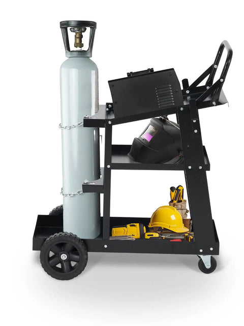 Beefy 3 Tier Welding Cart With 360 Degree Swivel Wheels, tank storage, safety chains, Q235 steel, holds gas cylinder, side view