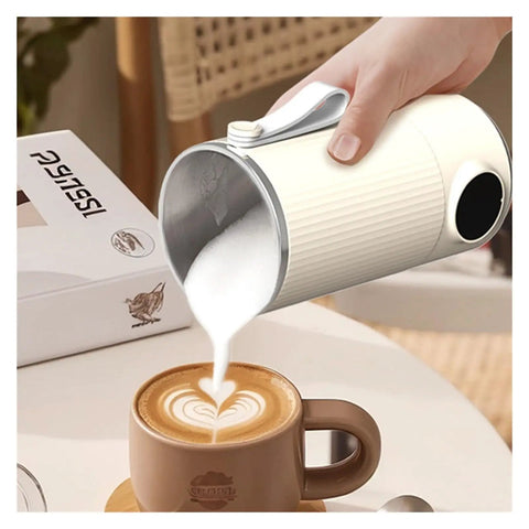 Grab And Go Heated Self Stirring Mug Electric Magnetic Mixing Travel Cup Rechargeable Stainless Steel Coffee And Tea Warmer with milk pouring into coffee.