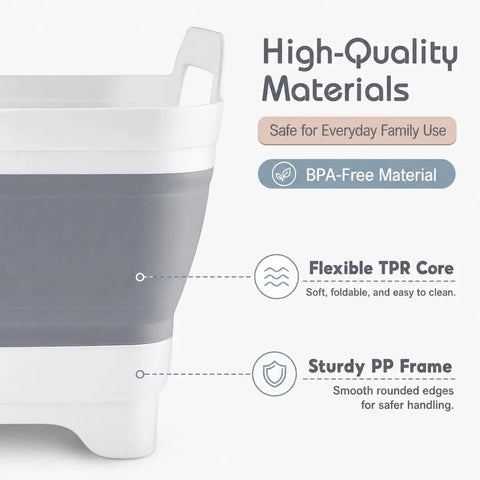 Close-up of 2.4 Gallon Collapsible Dish Basin with drain plug, showing flexible TPR core and sturdy PP frame features