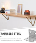 Heavy Duty L Shaped Shelf Brackets 10 Pack, 90 Degree Corner Braces In 304 Stainless Steel displayed with wooden shelf and decor items
