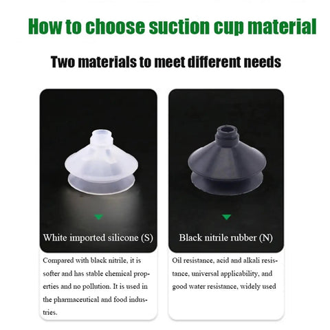 Image comparing white imported silicone and black nitrile rubber suction cups for industrial uses.