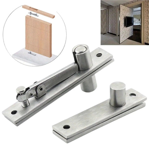 1 Set Premium Heavy Duty Stainless Steel Hidden Pivot Hinges Featuring Advanced Soft Close Hydraulic Dampers For Silent Self Closing Cabinet Doors Smooth As Butter And Zero Slap Guarantee showcased with a wood panel.