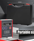 Portable Handheld Surfaces Roughness Tester with High Precision Digital Profilometer, black carrying case, shown with measurements