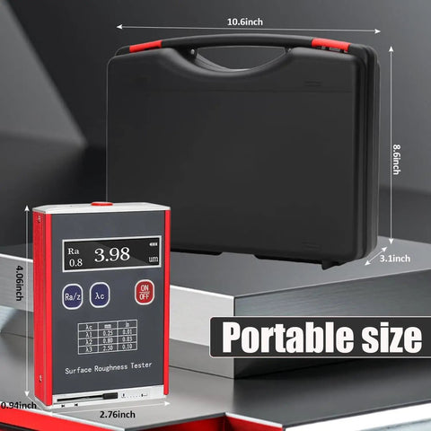 Portable Handheld Surfaces Roughness Tester with High Precision Digital Profilometer, black carrying case, shown with measurements