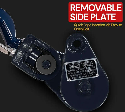 Heavy Duty Snatch Block With Hook, 3 Ton Working Load Limit, Three Inch Sheave, Three Eighths Inch Wire Rope, Wrecker Roll Back Recovery Gear, Steel Construction, Blue Powder Coat Finish with removable side plate
