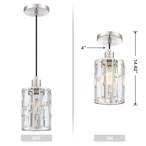 Three Pack Crystal Hanging Pendant Lights 5.5 Inch With Brushed Nickel Finish For Kitchen Island Bar And Dining Room Modern Sleek Pendant Fixture With Crystal Metal Shade For Corridor Living Room Over Sink, shown with lights off and on, measuring 14.62 inches in height