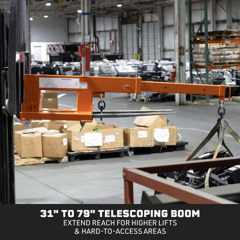 Built Tough Fork Mounted Telescoping Jib Boom Crane With 5500 LB Lifting Power And Sweet 31 To 79 Inch Reach Makes Skid Steer Conversions No Sweat On Any Job Site