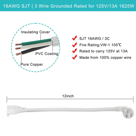 Right Angle Flat Plug Extension Cord 1 Foot 3 Prong White NEMA 5 15R Grounded SJT 16AWG Flexible Power Cable 125V 13A 1625W