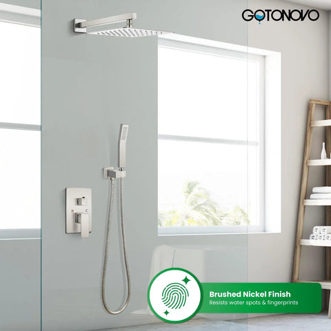 10 Inch Rainfall Shower Head and Wall Mounted Handle Set in Brushed Nickel Solid Brass Pressure Balancing Shower Mixer Valve Complete Shower System for Spa Like Showers No Fuss Install