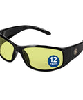 Badass Lightweight Anti Fog Safety Glasses With Amber Yellow Tinted Lenses And Sleek Black Frame For Shooting Sports Plus Top Notch Unisex Uv Protection In A Handy Twelve Pack Bundle, shown at an angle.
