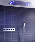 Straight Up Luxury Ceiling Mount Shower System With Remote Led Head And Mist Waterfall Spray Boasting Smart Temp Control And Heavy Duty Rust Proof Body, featuring modern design and sleek finish.