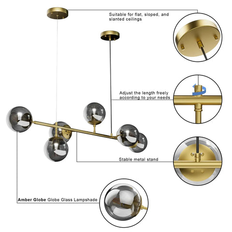 Modern Gold Pendant Lighting With Smoke Gray Glass Globes Adjustable 6-Light Hanging Ceiling Fixture For Living Room Dining Room Kitchen And Bedroom With A Soft Glow For A Cozy Vibe showing close-up details