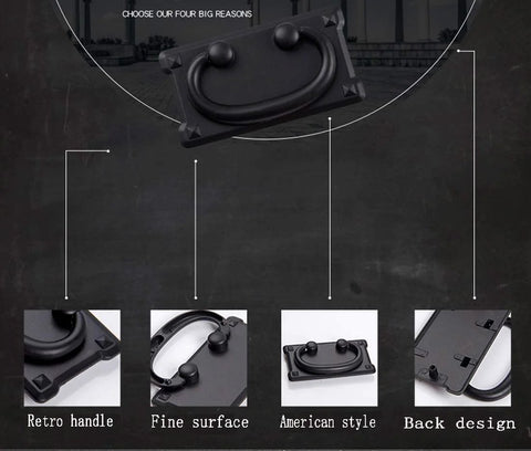 Antique Black Ring Pull Handles Set Of 4 for dresser cabinets doors with close-up on vintage design and cast zinc alloy material.