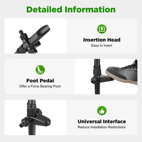 Solar Motion Activated Sprinkler With 270 Degree Adjustable Coverage showcasing insertion head, foot pedal, and universal interface.
