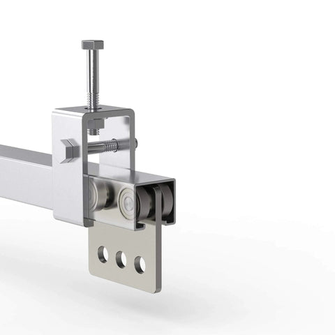 Four Wheel Trolley Assembly With Four Deep Groove Ball Bearings For Taller Strut Channel Or One And Five Eighth Inch Channel in use.