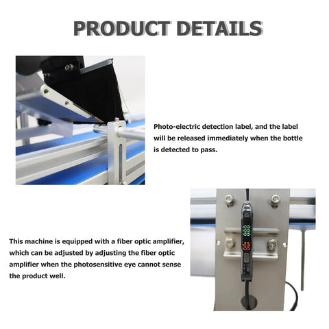 Automatic Flat Labeling Machine With Touchscreen Control And Heavy Duty Conveyor Belt Code Printer close-up of photo-electric detection system.