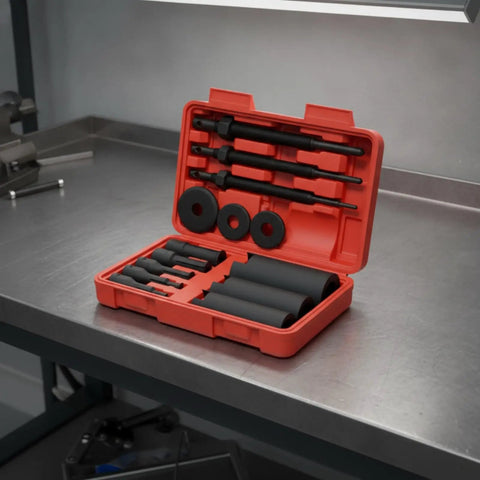 Heavy Duty 14 Pieces Bearing Removal Tool Kit With Adjustable Inner Bearing Pullers For Home Mechanics And Motorcycle Repair, red case open