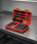 Thinking Process: 14pc inner bearing pull set in red case, 45# steel tools with adapters for motorcycle bearing removal