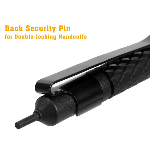 Close-up of oversize tactical police pocket cuff key with black finish and back security pin for double-locking handcuffs