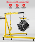 Heavy Duty 2 Ton Engine Hoist With Folding Crane And Lever, Portable Car Lift, lifting an engine, yellow with 6 steel casters
