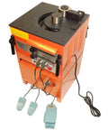 Heavy Duty 1 Inch 25 mm Electric Rebar Bender With Integrated Steel Rod Cutter And 110V Motor Featuring Quick Adjustment Foot Pedal Controls For Job Sites, orange machine view from above.