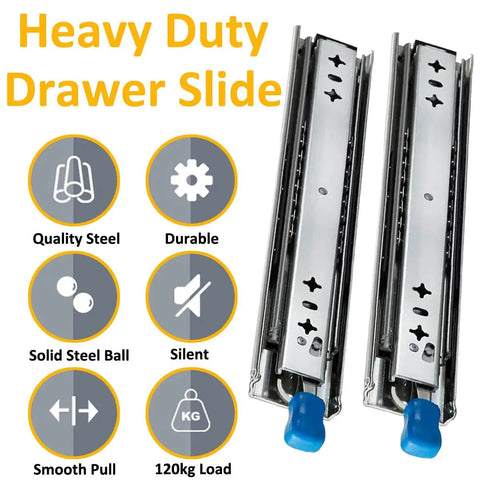 Workhorse Grade Full Extension Drawer Slides Secured With A Dead Easy Lock And Smooth As Silk Glide Heavy Duty Three Piece Rail Kit, heavy duty drawer slides with quality steel and smooth pull.