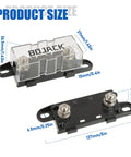 Heavy Duty 150A ANL Fuse Holder And 150 Amp 32 Volt Dc Blade Fuses For Car Audio Setup dimensions on a clear background.