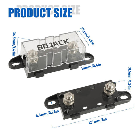 Heavy Duty 150A ANL Fuse Holder And 150 Amp 32 Volt Dc Blade Fuses For Car Audio Setup dimensions on a clear background.